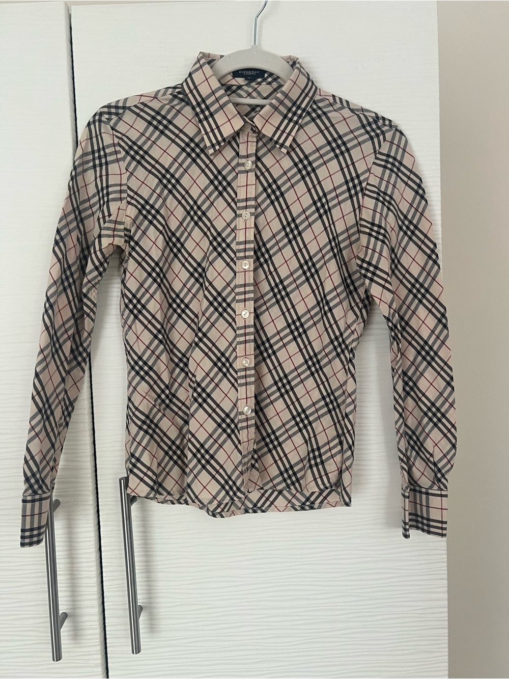 Burberry Beige, Black & Red Plaid Button-Up Shirt, beautiful